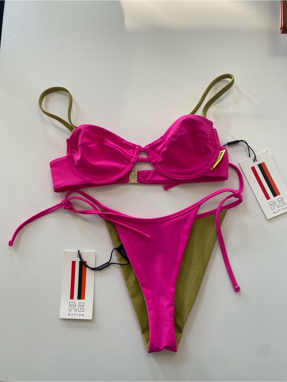 P.E Nation Hot Pink and Olive Reversible Bikini Set